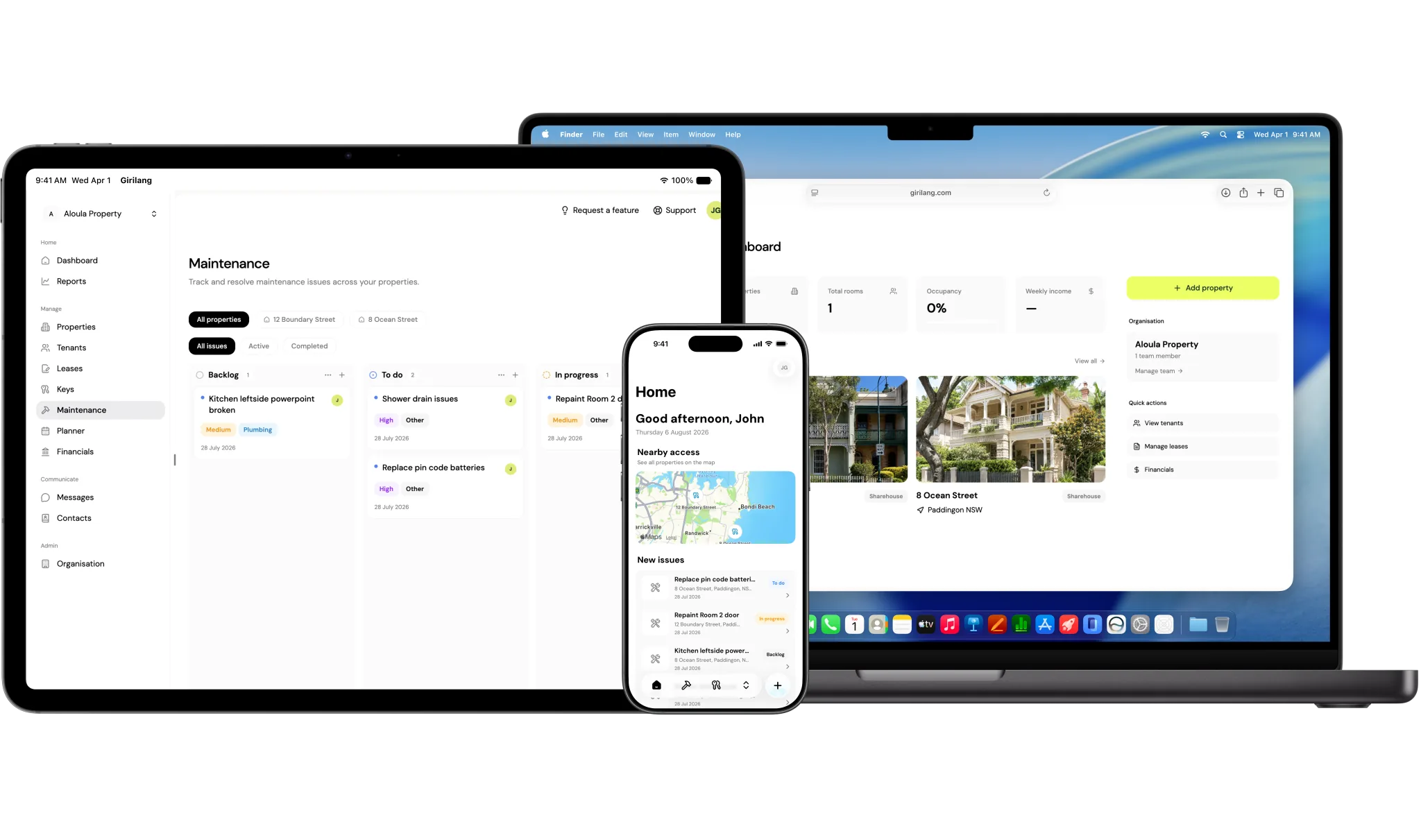 Girilang running across iPhone, iPad and Mac, showing mobile tasks, maintenance tracking and the property dashboard