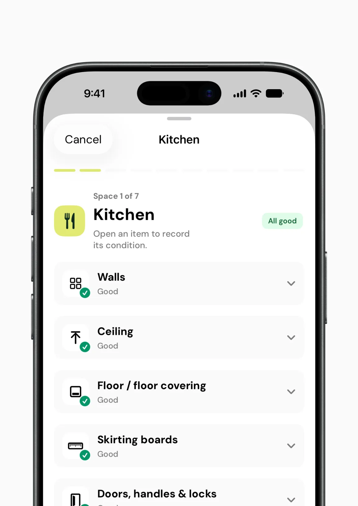 A Girilang property inspection on iPhone, showing condition items for the kitchen