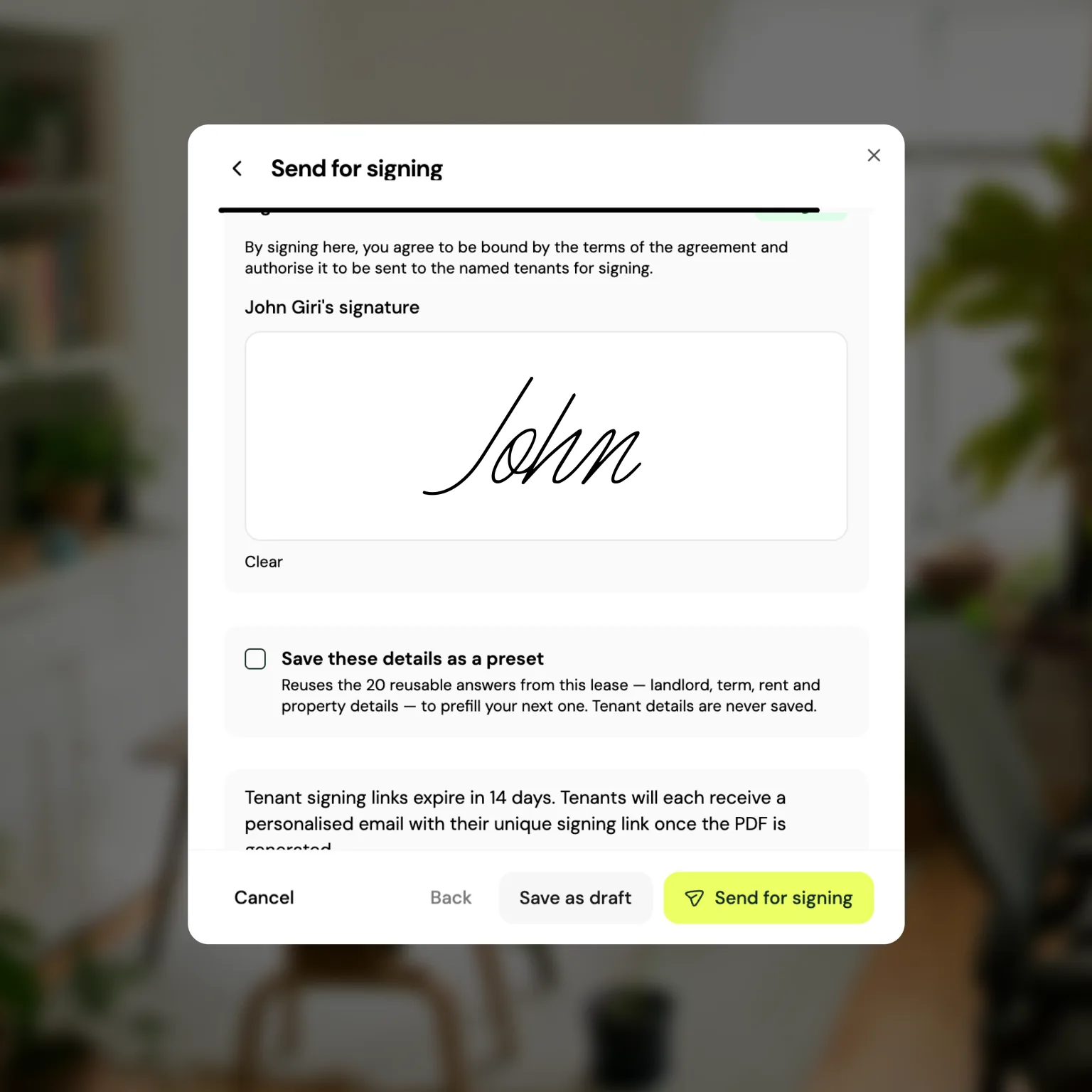 The Girilang lease signing screen, with a completed landlord signature and send for signing action