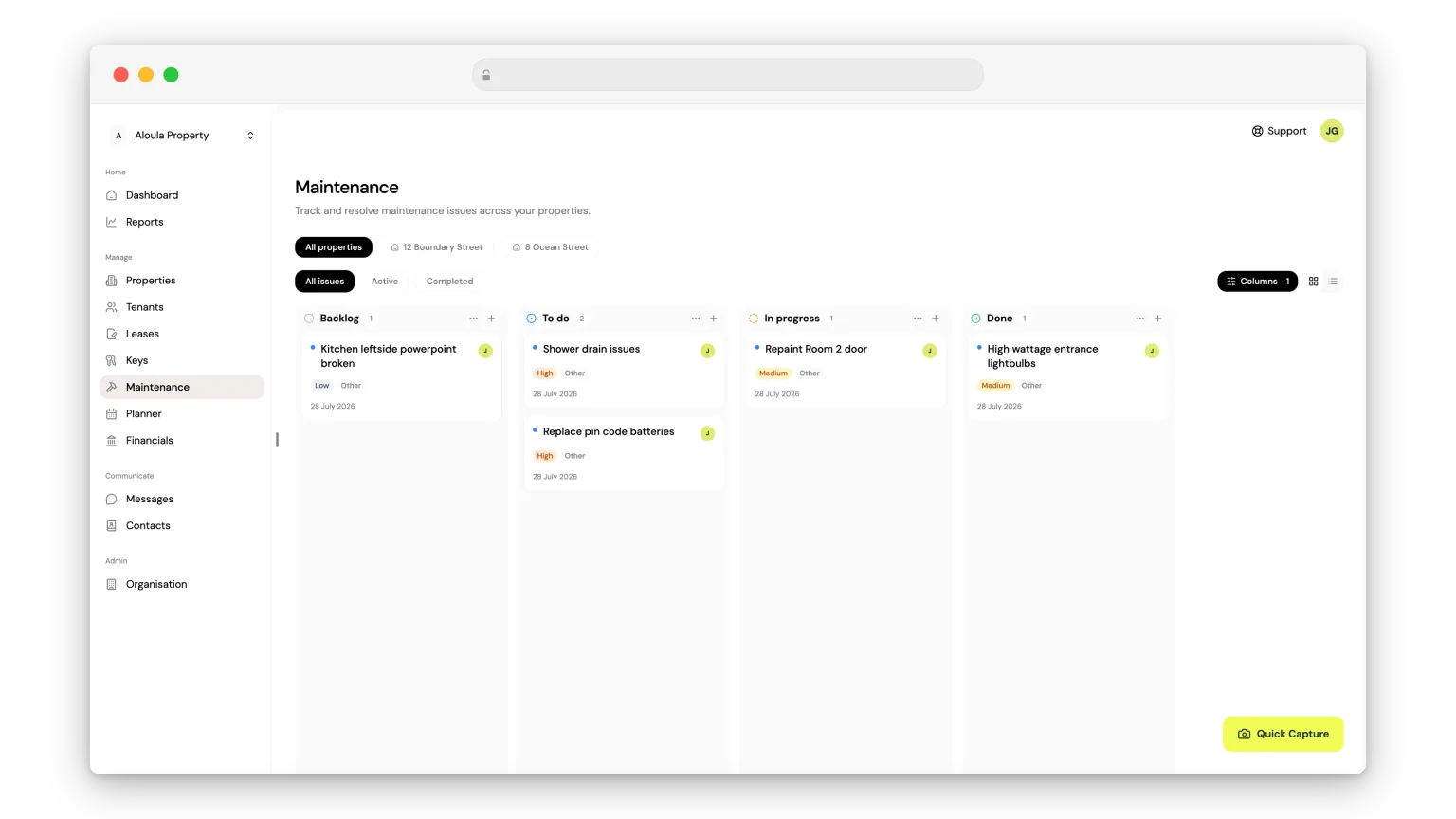 The Girilang maintenance board, with jobs moving across backlog, to do, in progress and done columns