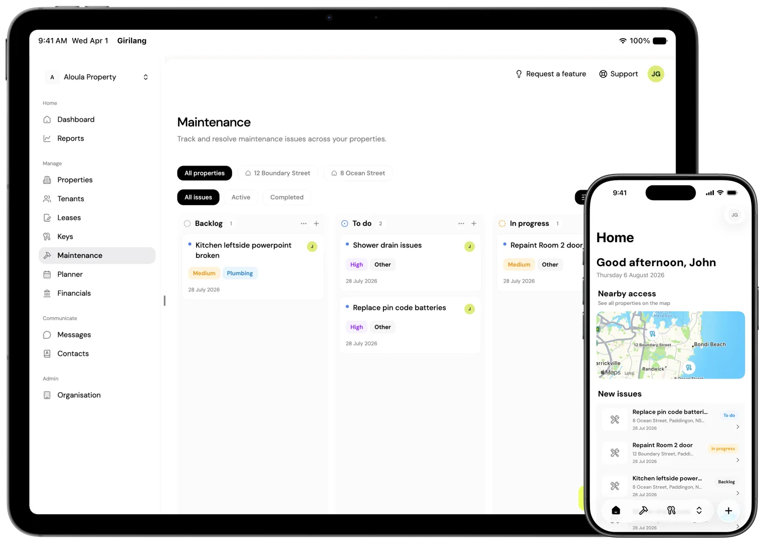Girilang maintenance tracking across iPad and iPhone, showing the job board, nearby access and new issues