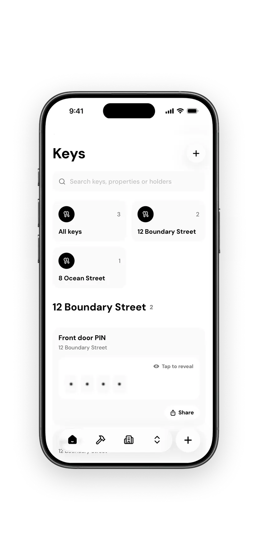 The Girilang Keys screen on iPhone, listing access codes for a property with one PIN ready to reveal