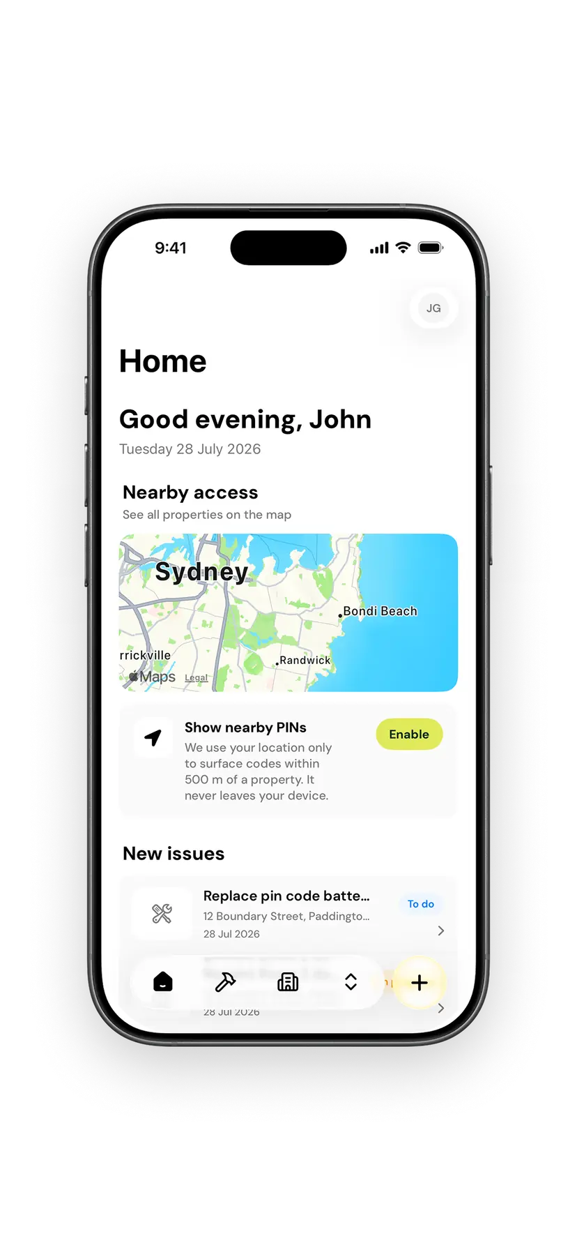 The Girilang Home screen on iPhone, showing nearby access on a map and new issues for today