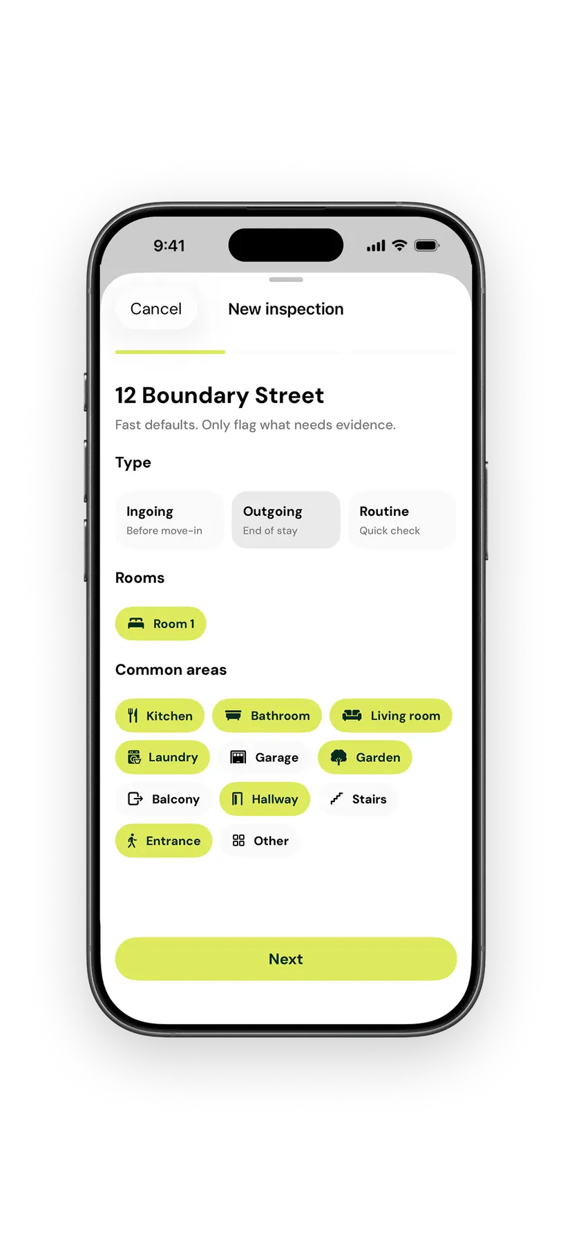 The Girilang new inspection screen on iPhone, with inspection type and rooms selected for a property